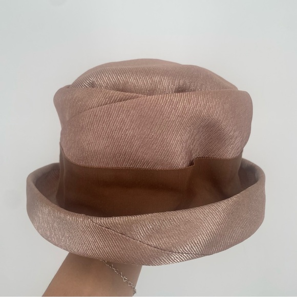 Vintage 1960s Taupe Satin Tall Hat With Brown Ribbon Bow - Picture 10 of 11